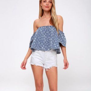 Lulus chambray cold shoulder top with floral print
